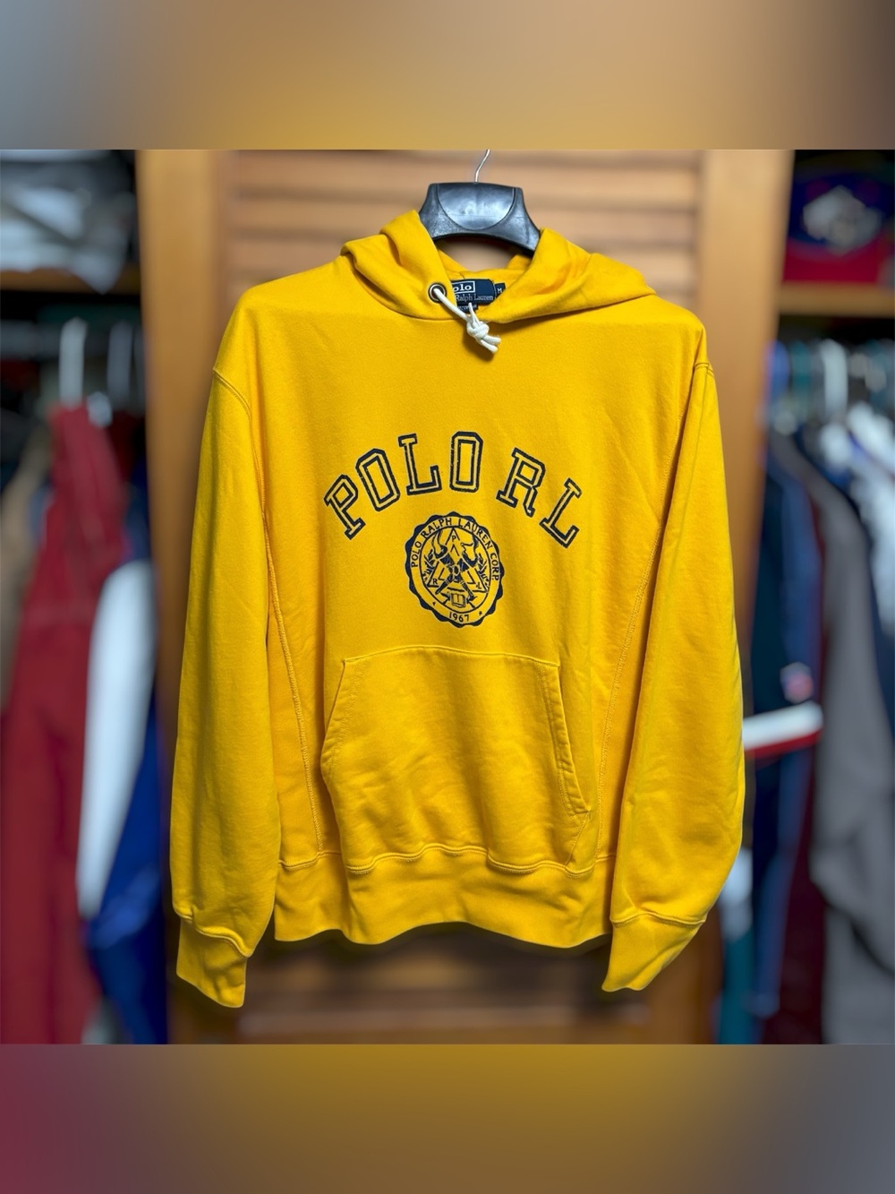 Vintage 90s Polo Ralph Lauren Collegiate Crest Logo Hoodie Pullover Yellow M